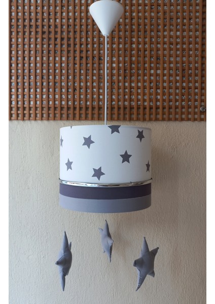 Beyaz Gri Sarkıtlı Yıldızlı Kumaş Kaplama 2.li Set Çocuk Odası ve Bebek Odası Avize ve Abajur Takımı modelleri