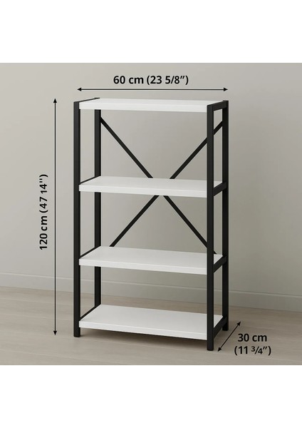 Ofis Salon Için Siyah Metal Çerçeveli 4 Raflı Endüstriyel Dosya Kitap Rafı 120X60X30 cm