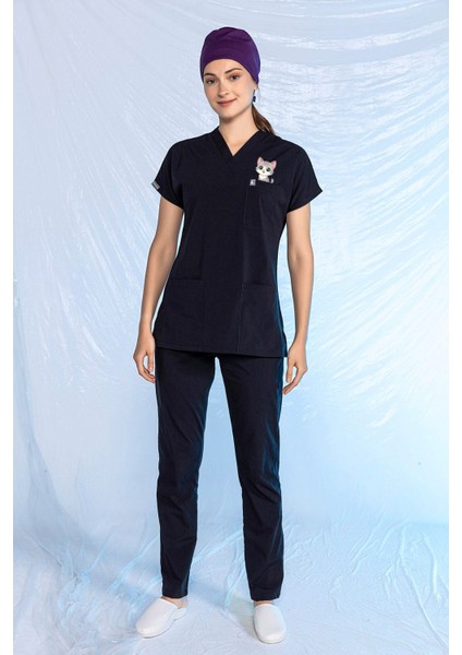 Lacivert Unisex Veteriner Forması Tüy Tutmaz Sıvı Itici Baskılı Takım