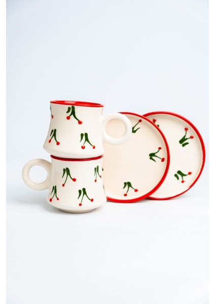 El Yapımı Kiraz Desenli 2’li Seramik Kahve Fincanı Takımı, Beyaz