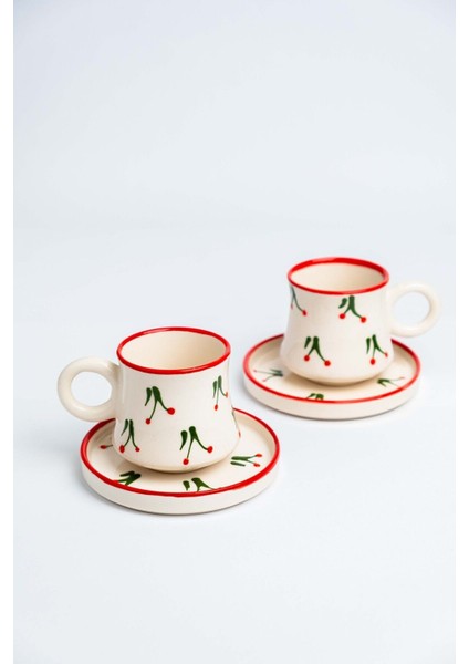 El Yapımı Kiraz Desenli 2’li Seramik Kahve Fincanı Takımı, Beyaz modelleri