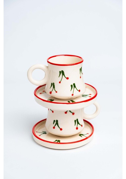 El Yapımı Kiraz Desenli 2’li Seramik Kahve Fincanı Takımı, Beyaz fırsatları
