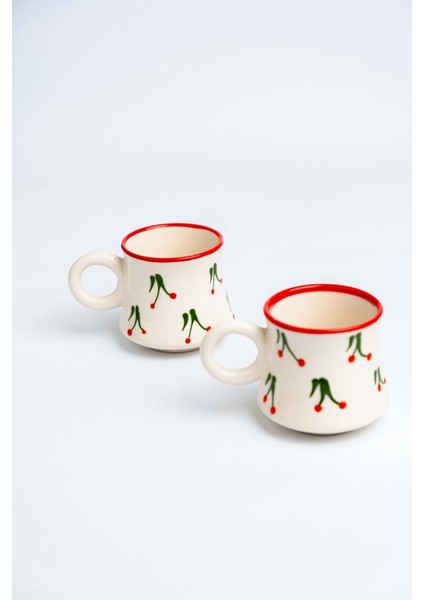 El Yapımı Kiraz Desenli 2’li Seramik Kahve Fincanı Takımı, Beyaz indirimleri