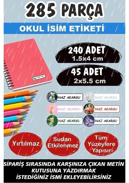 Okul Etiketi Kalem Defter Etiketi Özel Isimli Etiket Periler 6 Figür 285 Adet