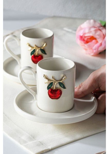 Kırmızı Kiraz Figürlü 2'li Porselen Kahve Fincan Takımı, 100ML, Şık ve Zarif Tasarım