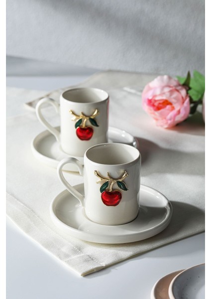 Kırmızı Kiraz Figürlü 2'li Porselen Kahve Fincan Takımı, 100ML, Şık ve Zarif Tasarım modelleri