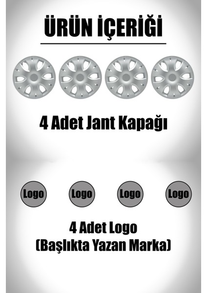 Ford Courier Connect Tourneo 15" Inç Uyumlu 4 Adet 1 Takım Gri Kırılmaz Esnek Jant Kapağı 021 fiyatları