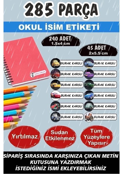 Okul Etiketi Kalem Defter Etiketi Özel Isimli Etiket Arabalar 12 Figür 285 Adet
