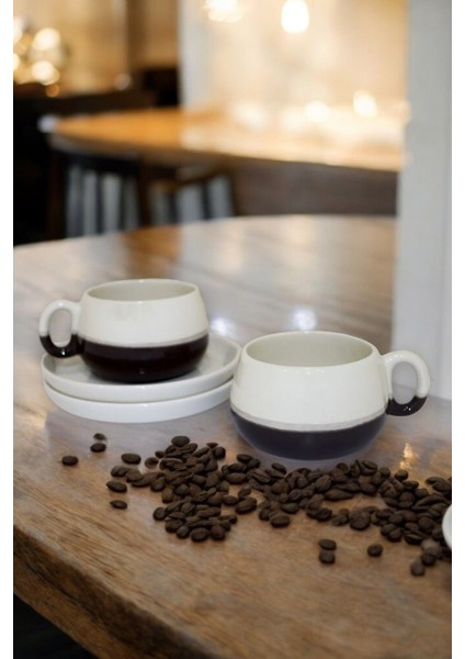 El Yapımı Siyah Çift Renk Seramik Türk Kahvesi Fincan Takımı 2'li