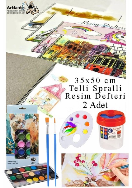 21 Renk Brons Sulu Boya 35X50 cm Telli Spralli Resim Defteri Resim Paleti Resim Fırçası Temizleme Kabı Suluboya Okul