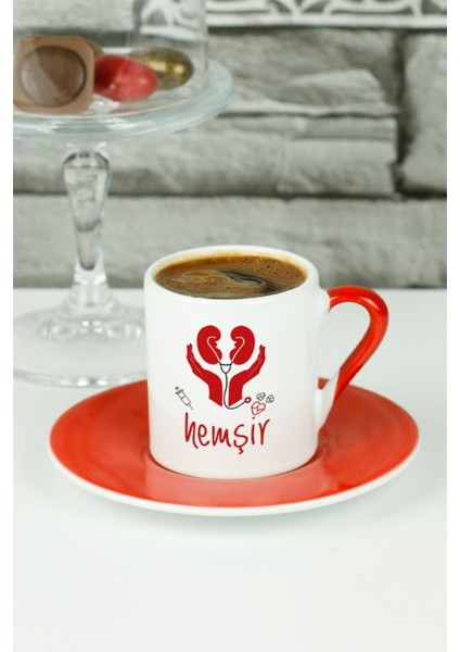 Kırmızı Hemşir Türk Kahvesi Fincanı Şık ve Zarif Tasarım, El Yapımı Fincan.