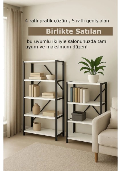 4 Raflı ve 5 Raflı Metal Kitaplık Raf Takımı Salon Ofis Depolama Ünitesi Seti