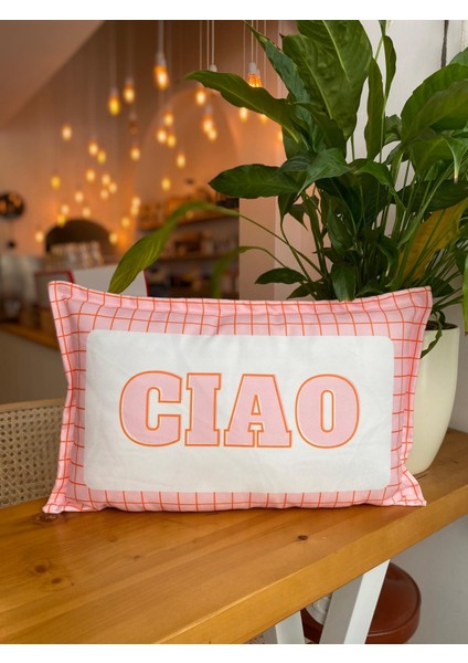 Ciao Yazılı Çift Taraflı Dekoratif Çizgili Süet Kırlent Kılıfı - Çizgili Kırlent Kılıfı - 30X50CM