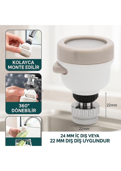360° Döner Başlıklı Mutfak Musluk Ucu – 3 Fonksiyonlu Su Tasarruflu Püskürtme Başlığı Aparatı