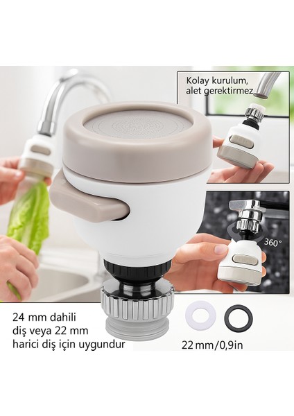 360° Döner Başlıklı Mutfak Musluk Ucu – 3 Fonksiyonlu Su Tasarruflu Püskürtme Başlığı Aparatı fiyatları