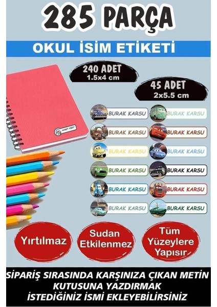 Okul Etiketi Kalem Defter Etiketi Isme Özel Etiket Arabalar 12 Figür 285 Parça