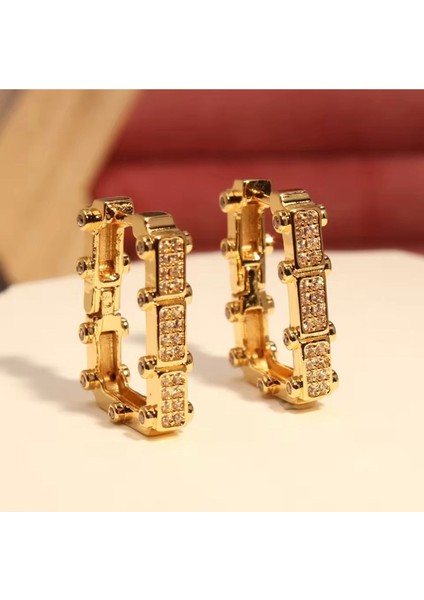 Çelik Gemetrik Zirkon Taşlı Halka Kadın Küpe Gold Renk