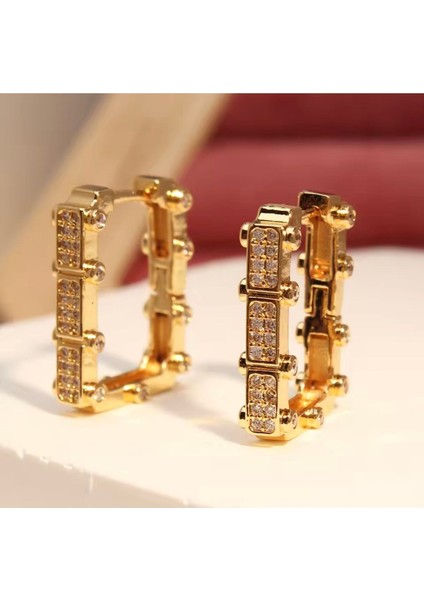 Çelik Gemetrik Zirkon Taşlı Halka Kadın Küpe Gold Renk fırsatları