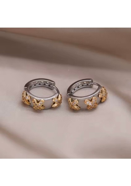 Paslanmaz Çelik Çapraz Zirkon Taşlı Kadın Küpe Gümüş Renk