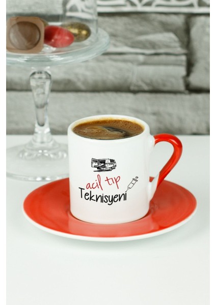 Kırmızı Renkli Acil Tıp Teknisyeni Temalı Türk Kahvesi Fincanı