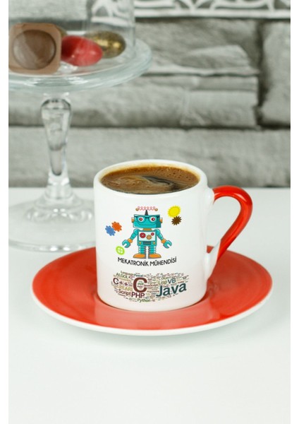Kırmızı Mekatronik Mühendisi Türk Kahvesi Fincanı, Şık ve Özel Tasarım.