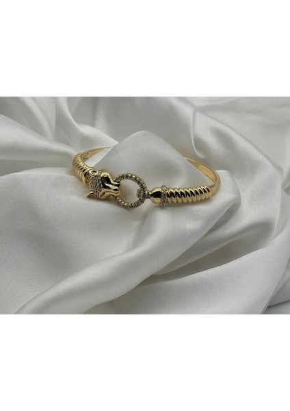 Kaplan Başlı Kuyumcu Işçiliği Kararmaz-Antialerjik 14 Ayar Altın Kaplama Kelepçe / Bilezik