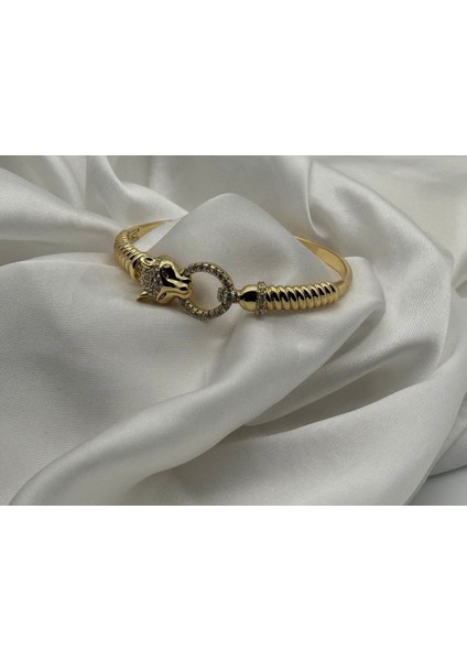 Kaplan Başlı Kuyumcu Işçiliği Kararmaz-Antialerjik 14 Ayar Altın Kaplama Kelepçe / Bilezik