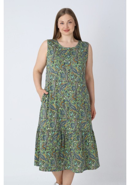 Yeşil Desenli Askılı Düğmeli Cepli Pamuklu Kadın Büyük Beden Elbise