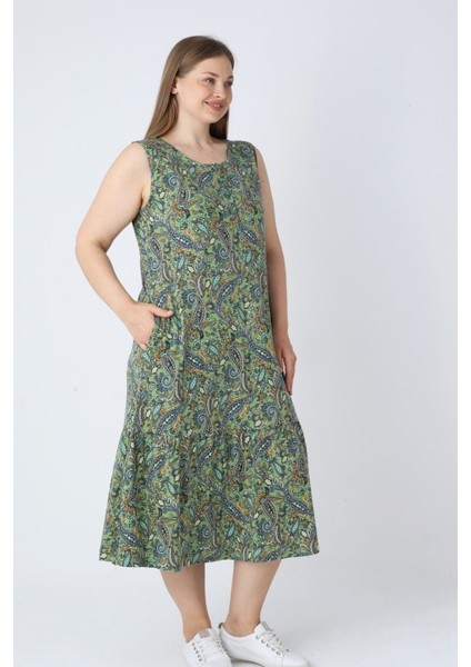 Yeşil Desenli Askılı Düğmeli Cepli Pamuklu Kadın Büyük Beden Elbise fiyatları
