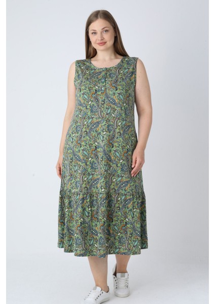 Yeşil Desenli Askılı Düğmeli Cepli Pamuklu Kadın Büyük Beden Elbise modelleri