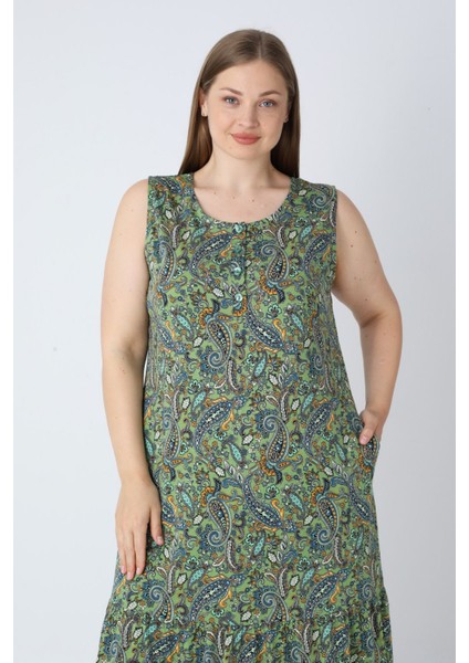 Yeşil Desenli Askılı Düğmeli Cepli Pamuklu Kadın Büyük Beden Elbise fırsatları