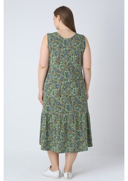 Yeşil Desenli Askılı Düğmeli Cepli Pamuklu Kadın Büyük Beden Elbise