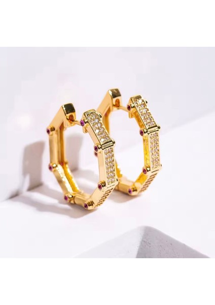 Çelik Baguetta Zirkon Taşlı Halka Kadın Küpe Gold Renk