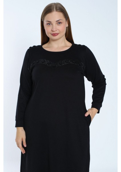 Kadın Siyah Büyük Beden Uzun Kollu Taş Detaylı Cepli Pamuklu Elbise modelleri