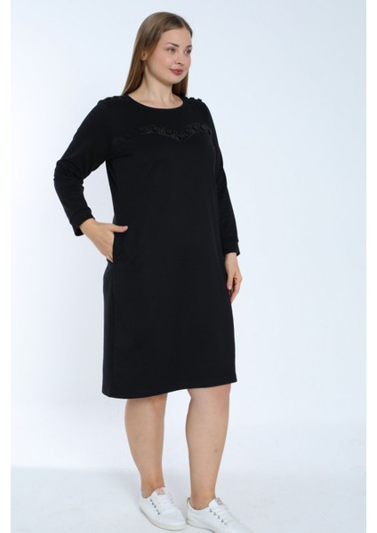Kadın Siyah Büyük Beden Uzun Kollu Taş Detaylı Cepli Pamuklu Elbise fırsatları