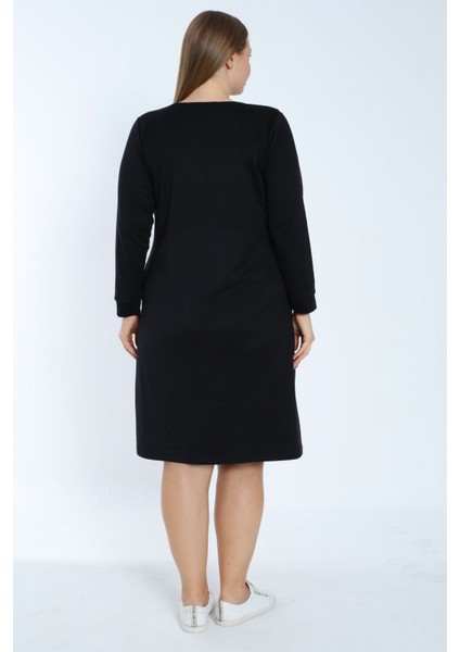 Kadın Siyah Büyük Beden Uzun Kollu Taş Detaylı Cepli Pamuklu Elbise indirimleri