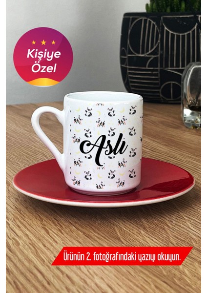Kişiye Özel Panda Desenli Türk Kahvesi Fincanı, Kırmızı Renkli, Hediye Seçeneği