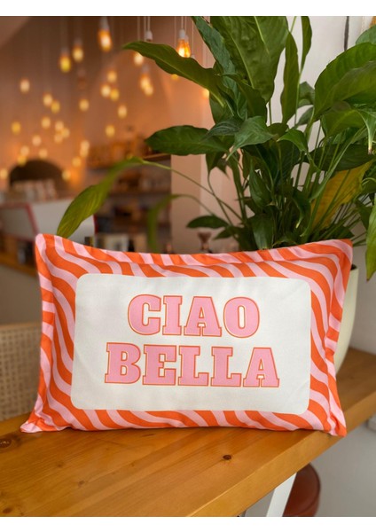 Ciao Bella Yazılı Çift Taraflı Dekoratif Süet Kırlent Kılıfı - Turuncu-Pembe Dekoratif Kırlent Kılıfı - 30X50CM