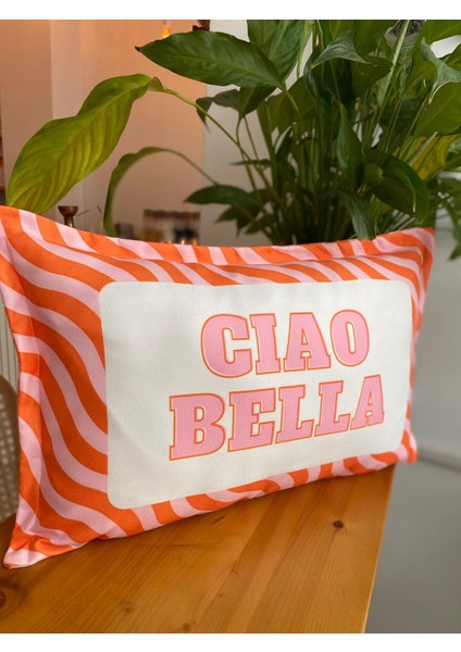 Ciao Bella Yazılı Çift Taraflı Dekoratif Süet Kırlent Kılıfı - Turuncu-Pembe Dekoratif Kırlent Kılıfı - 30X50CM fiyatları