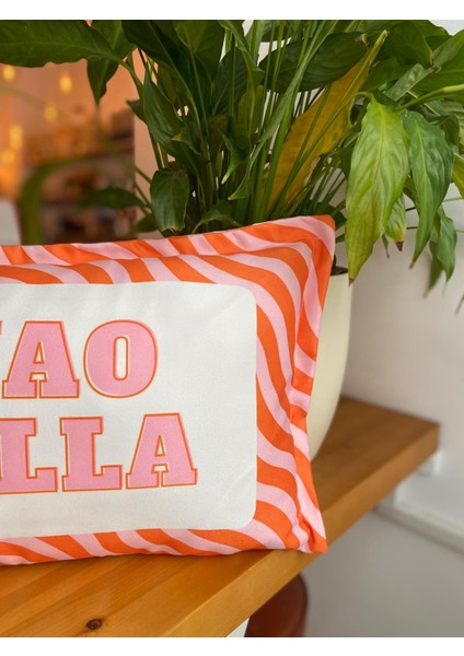 Ciao Bella Yazılı Çift Taraflı Dekoratif Süet Kırlent Kılıfı - Turuncu-Pembe Dekoratif Kırlent Kılıfı - 30X50CM fırsatları