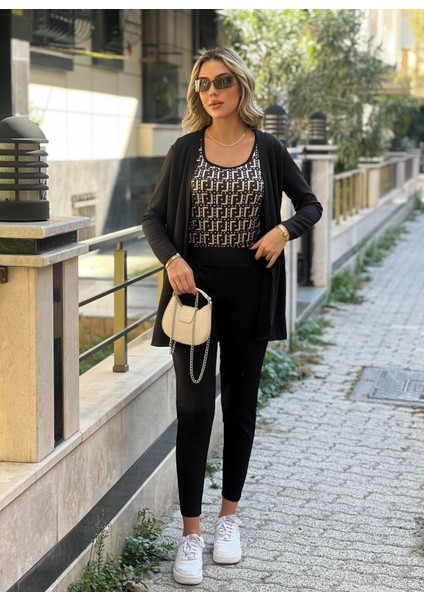 Konfor Modeli Krep Kumaş Oversize Ceket Askılı Bluz Yüksek Bel Beli Lastikli Pantolon Üçlü Takım