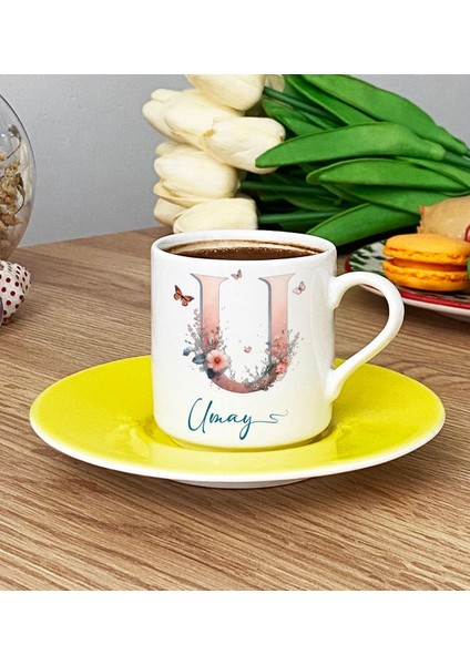 Kişiye Özel U Harfli Çiçekli Türk Kahvesi Fincanı Sarı