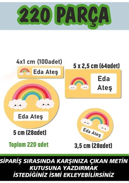 Okul Etiketi Kalem Defter Etiketi Isme Özel Etiket Sevimli Gökkuşağı 220 Adet