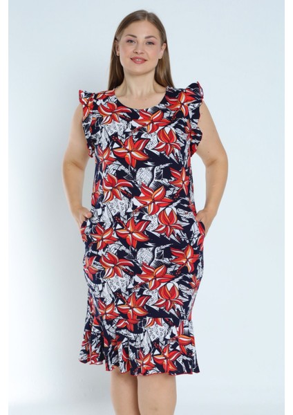 Kadın Lacivert Büyük Beden Desenli %100 Pamuk Cepli Kolu ve Eteği Fırfırlı Elbise