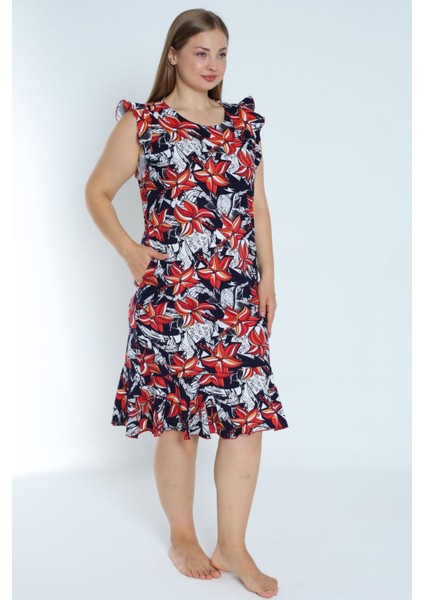 Kadın Lacivert Büyük Beden Desenli %100 Pamuk Cepli Kolu ve Eteği Fırfırlı Elbise fiyatları