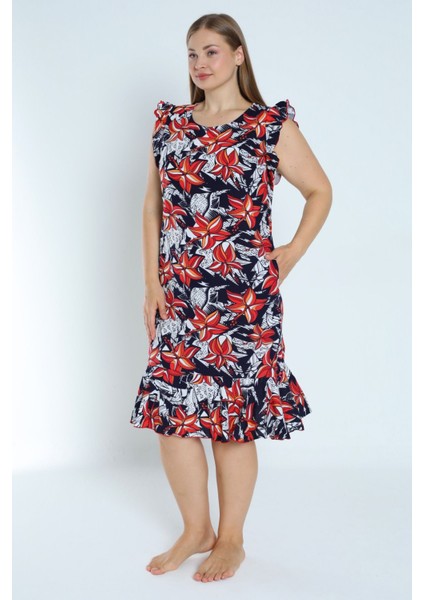 Kadın Lacivert Büyük Beden Desenli %100 Pamuk Cepli Kolu ve Eteği Fırfırlı Elbise modelleri