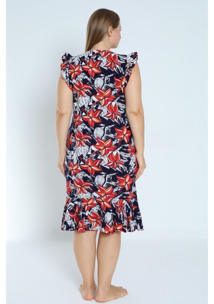 Kadın Lacivert Büyük Beden Desenli %100 Pamuk Cepli Kolu ve Eteği Fırfırlı Elbise fırsatları