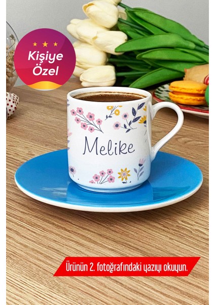 Kişiye Özel Türk Kahvesi Fincanı Mavi Çiçek Desenli, Şık ve Özel Tasarım
