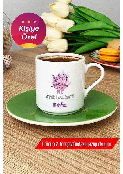 Kişiye Özel Balık Burcu Isim Yazılı Yeşil Türk Kahvesi Fincanı Doğum Günü Hediyesi