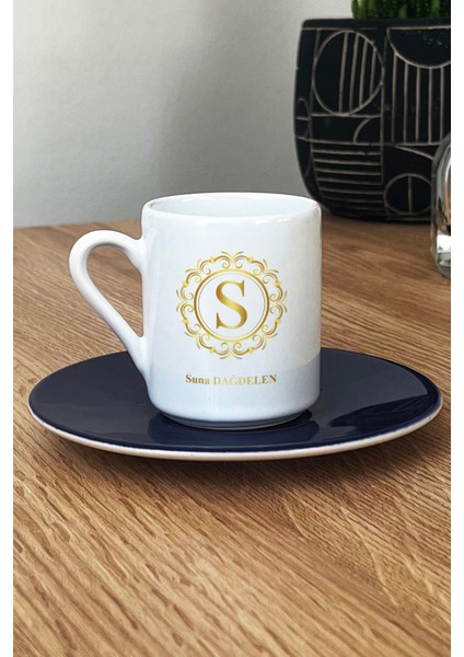 Kişiye Özel Gold Baş Harf ve Isim Türk Kahvesi Fincanı Lacivert Doğum Günü Hediyesi